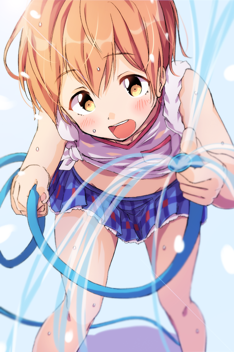1girl, :d, blue_skirt, blush, breast_pocket, commentary_request, highres, holding_hose