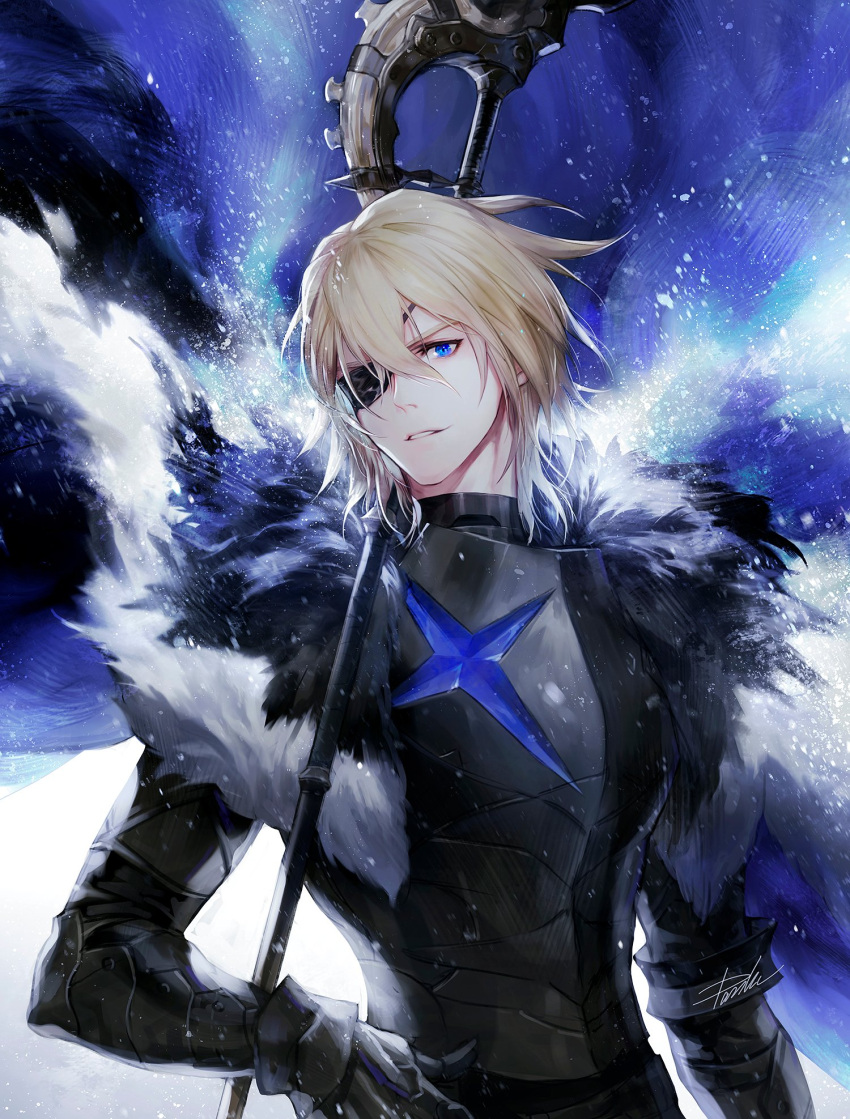 1boy, arm_at_side, armor, artist_name, black_armor, blonde_hair, blue_cape, blue_eyes