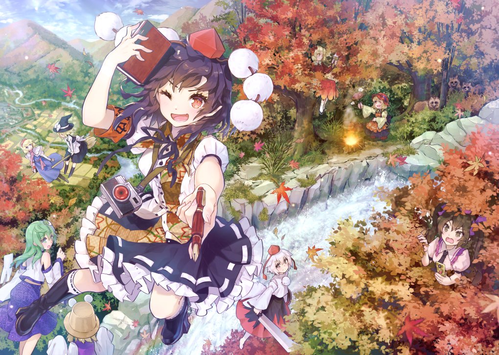 6+girls, ;d, aki_minoriko, aki_shizuha, alice_margatroid, arm_up, armband, autumn