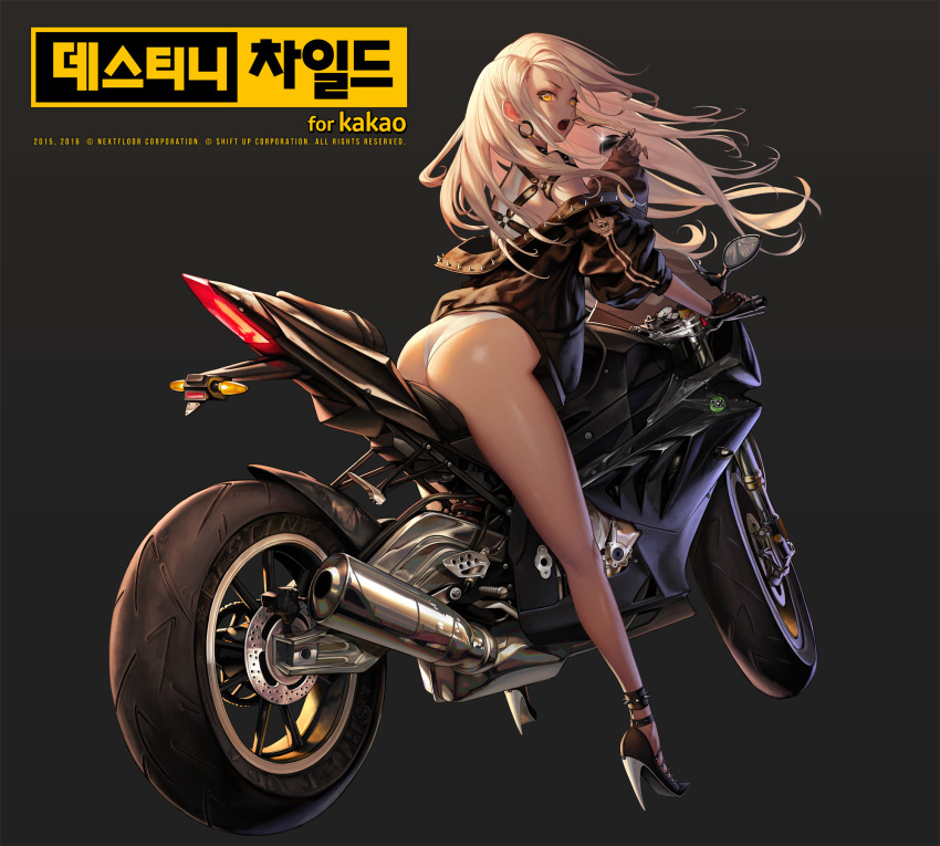 1girl, ankle_cuffs, ass, back, belt, black_nails, blonde_hair, collar