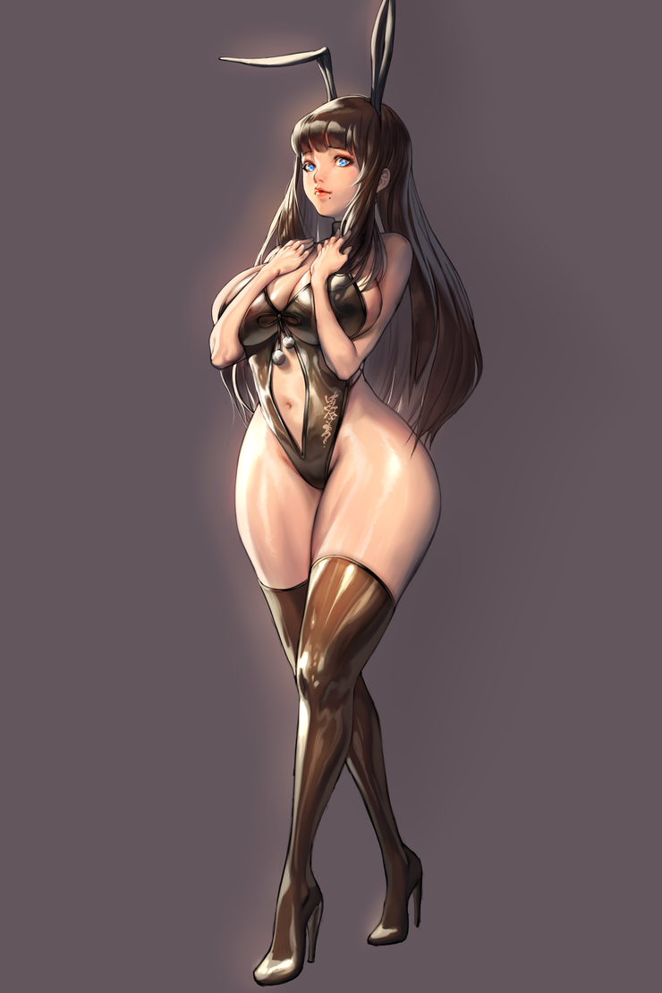 1girl, animal_ears, bangs, black_hair, black_leotard, blade_&amp;_soul, blue_eyes, blunt_bangs