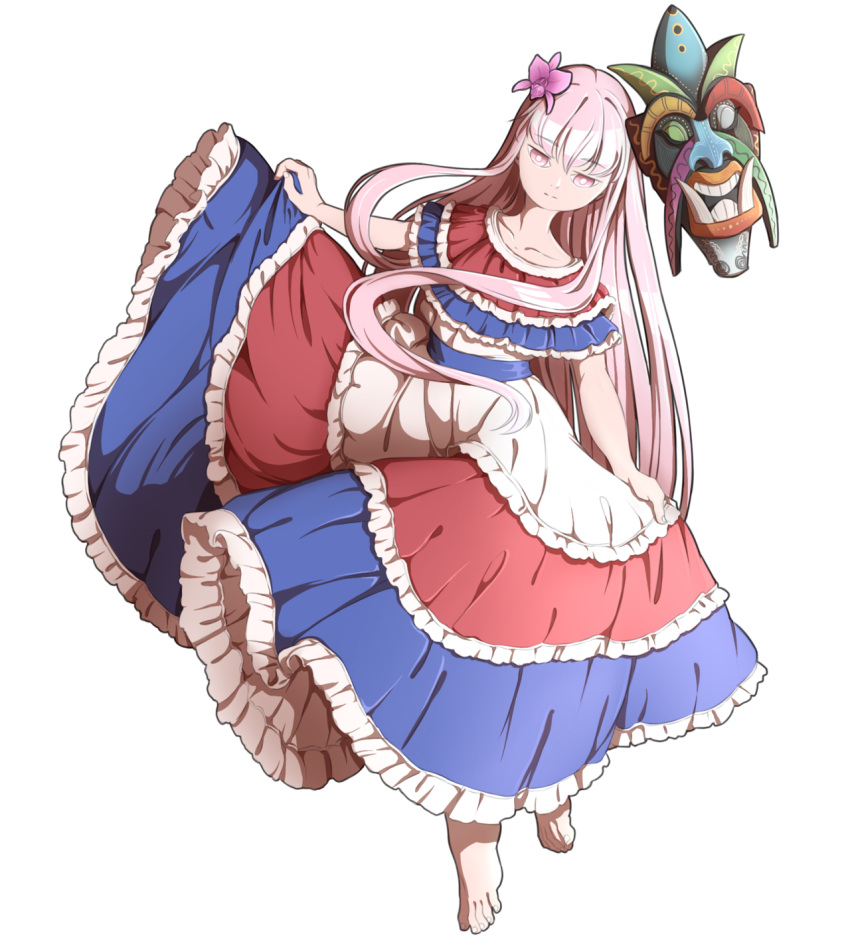 1girl, barefoot, blue_dress, costa_rica, dress, flower, frilled_dress, frills