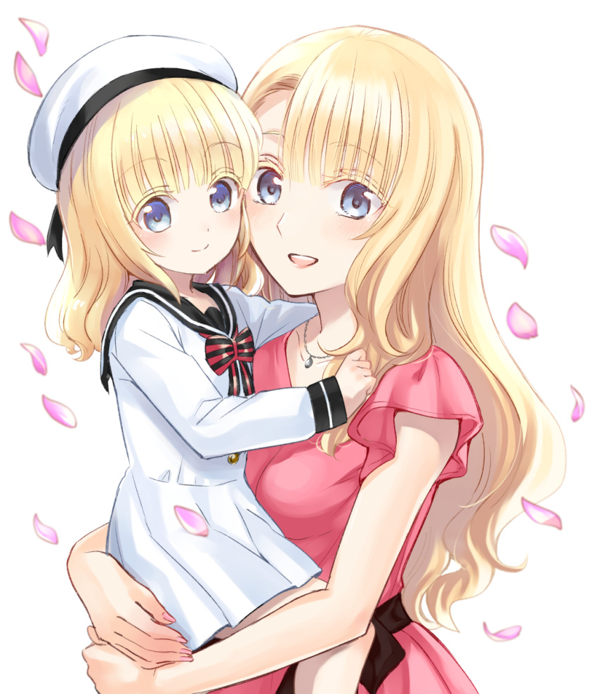 2girls, :d, bangs, beret, black_sailor_collar, blonde_hair, blue_eyes, blush