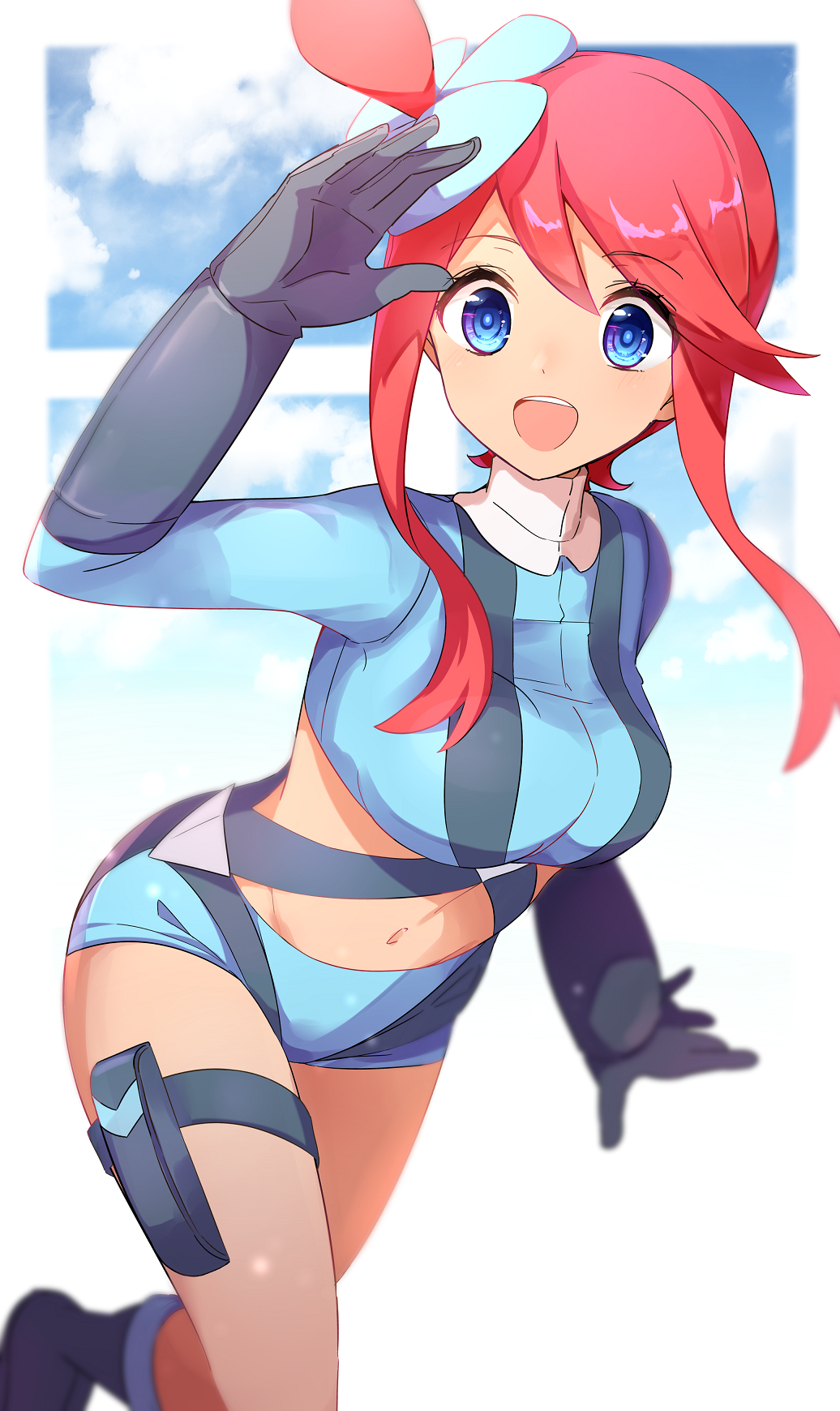 1girl, aa_(sin2324), arm_up, bangs, black_footwear, black_gloves, blue_eyes, blue_flower