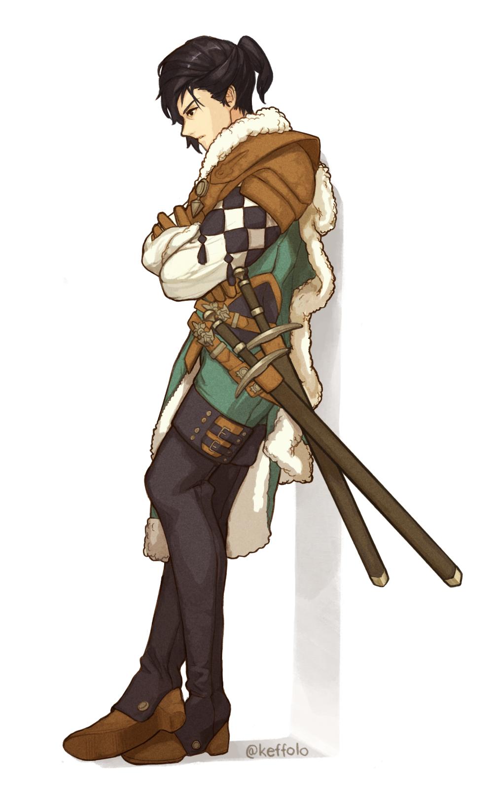 1boy, artist_name, black_eyes, black_hair, boots, cape, crossed_arms, felix_hugo_fraldarius, fire_emblem, fire_emblem:_three_houses, full_body, fur_trim, gloves, highres, keffolo, ponytail, solo, sword, teeth, weapon, white_background