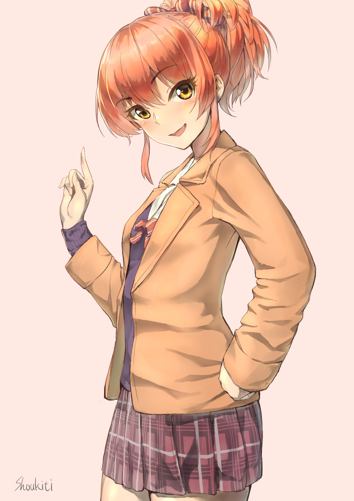 1girl, beige_background, blush, bow, breasts, brown_skirt, commentary_request, eyebrows_visible_through_hair