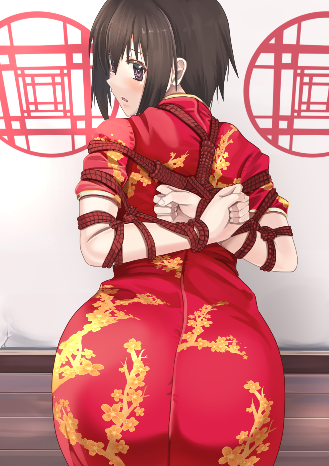 1girl, arms_behind_back, ass, bdsm, bondage, bound, bound_arms, bound_wrists, brown_eyes, brown_hair, chicken_(chickenx), china_dress, chinese_clothes, dress, from_behind, highres, looking_back, original, rope, shibari, shibari_over_clothes, short_hair