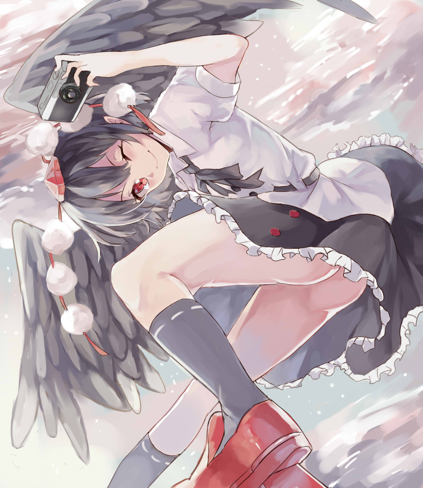 1girl, ;), absurdres, arm_up, ass, bangs, black_hair, black_legwear