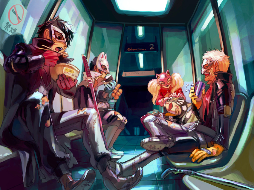 >_<, 1girl, 4boys, amamiya_ren, animal, atlus, bandages, bandaid, black_hair, boots, bowl, can, cat, cat_mask, chanch, chopsticks, commentary_request, dango, eating, eating_contest, food, fox_mask, friendship, gloves, highres, human, injury, joker_(persona), kitagawa_yuusuke, mask, megami_tensei, morgana_(persona_5), multiple_boys, open_mouth, panther_(persona), pants, persona, persona_5, pipe, sakamoto_ryuuji, sitting, skull_(persona), smile, soda_can, subway, sword, takamaki_anne, torn_clothes, torn_pants, twitter_username, wagashi, weapon