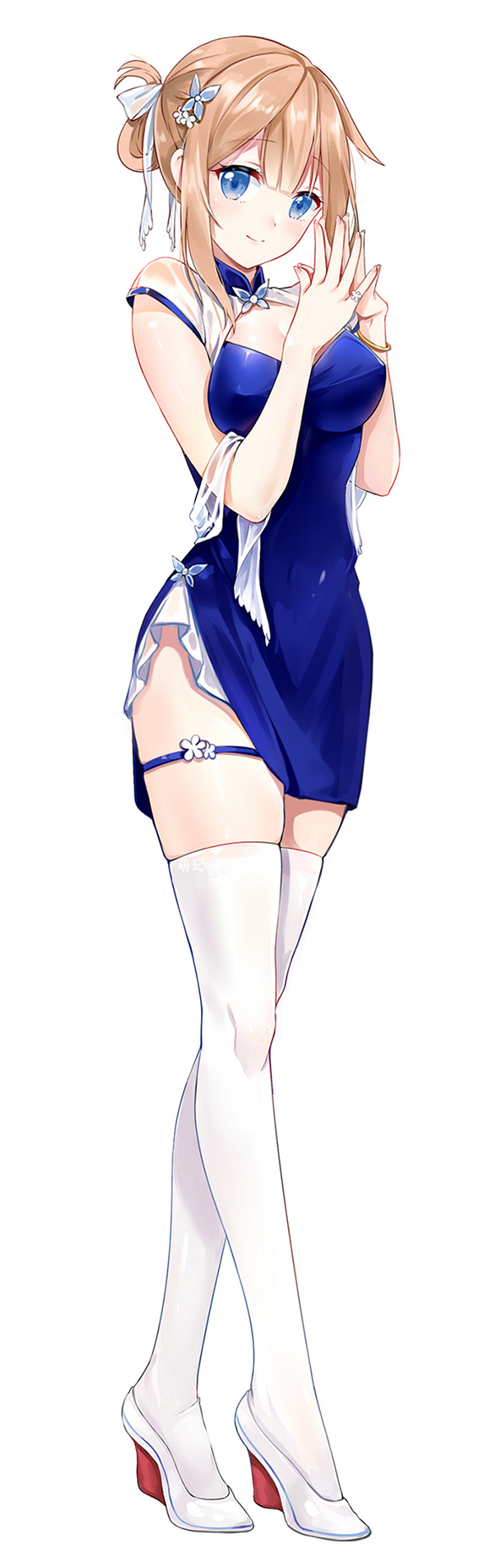 1girl, alternate_costume, blue_dress, blue_eyes, china_dress, chinese_clothes, cleavage_cutout, dress
