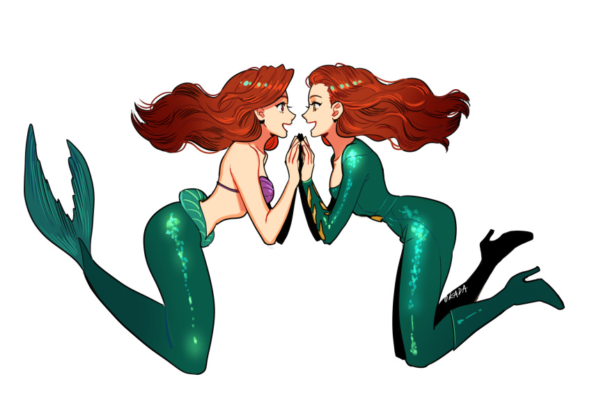 2girls, aquaman_(series), ariel_(disney), bodysuit, boots, disney, dual_persona, floating_hair, from_side, green_bodysuit, green_footwear, hands_together, high_heel_boots, high_heels, highres, long_hair, mera, mermaid, monster_girl, multiple_girls, okada_(hoooojicha), profile, redhead, shell, shell_bikini, signature, symmetry, the_little_mermaid, white_background