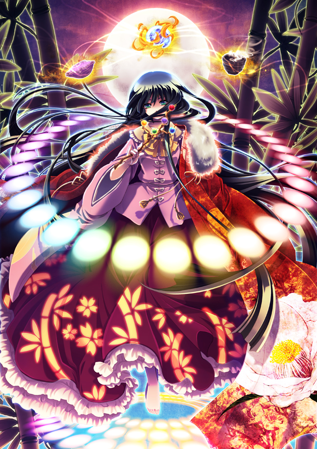 black_hair, bowl, branch, cowry_shell, danmaku, full_moon, houraisan_kaguya, jeweled_branch_of_hourai, long_hair, long_skirt, moon, rainbow_order, shima_(pixiv), shima_chiyo, shima_tiyo, skirt, touhou
