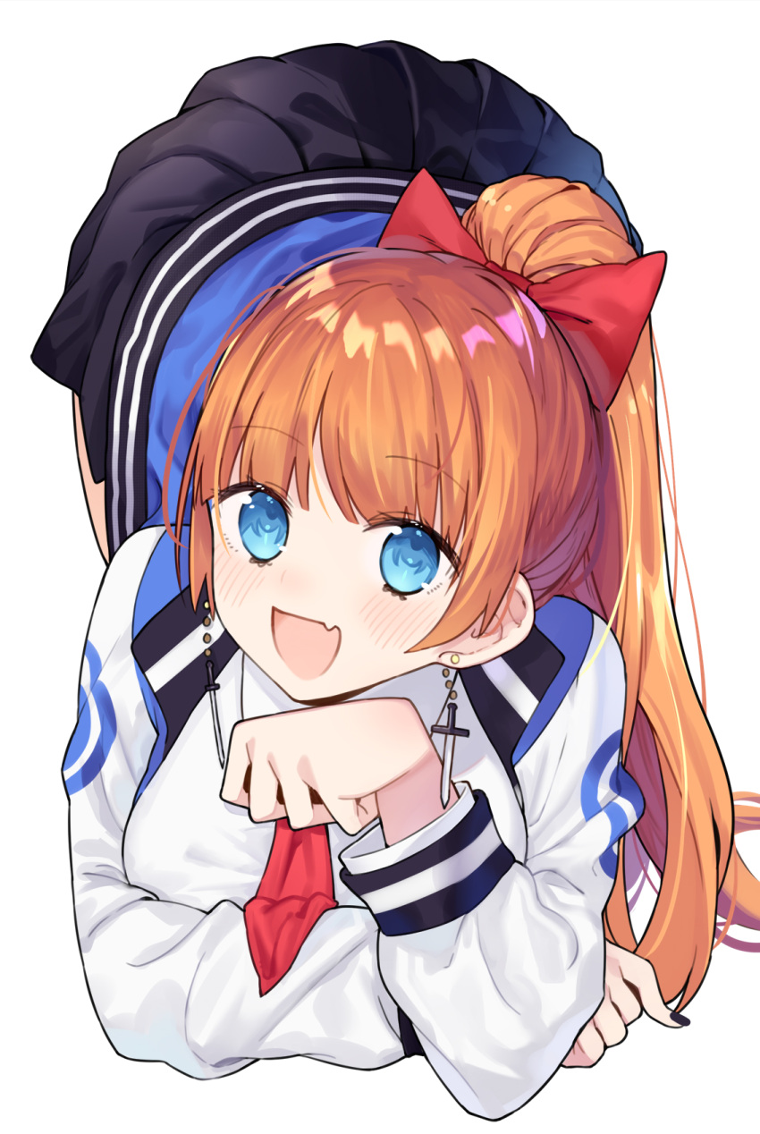 1girl, :d, black_nails, black_skirt, blue_eyes, blue_shirt, blush, bow