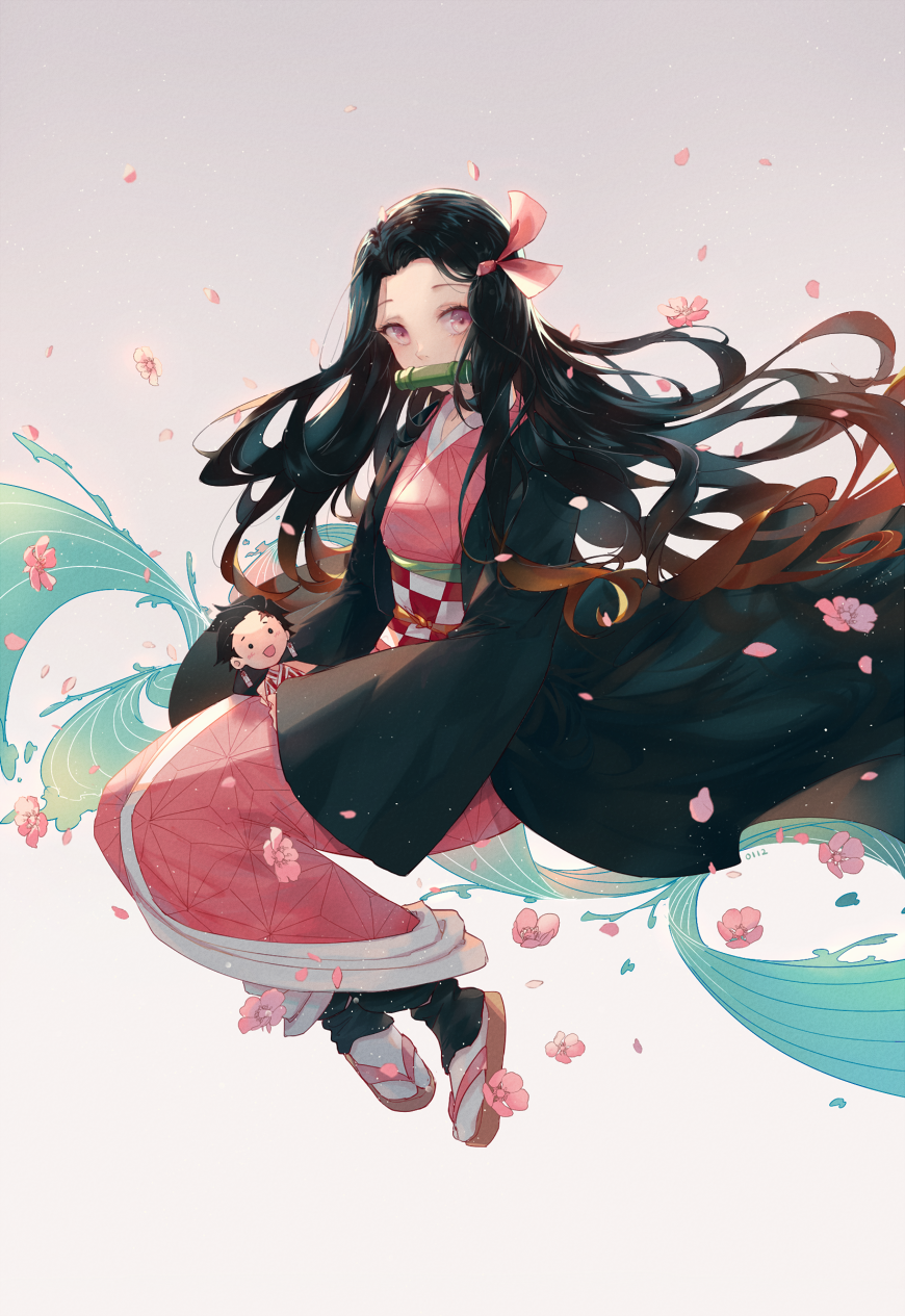 1girl, bamboo, bit_gag, black_hair, black_legwear, brown_hair, character_doll, checkered_obi