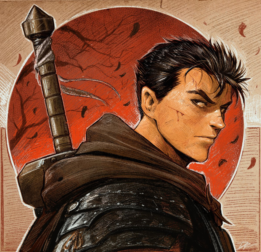 1boy, armor, berserk, berserker_armor, black_hair, blood, cloak, cuts