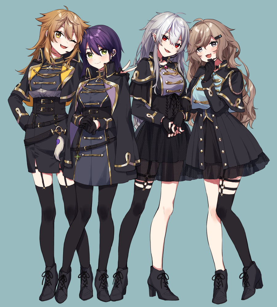 4girls, :d, ;d, black_dress, black_footwear, black_gloves, black_jacket, black_legwear