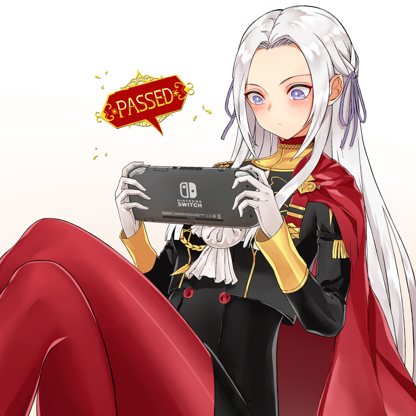1girl, absurdres, blush, cape, company_name, cravat, crossed_legs, edelgard_von_hresvelg, english_text, fire_emblem, fire_emblem:_three_houses, fire_emblem:_three_houses, fire_emblem_16, game_console, gameplay_mechanics, garreg_mach_monastery_uniform, gloves, hair_ribbon, highres, holding_game_controller, intelligent_systems, koei_tecmo, long_hair, long_sleeves, nintendo, nintendo_switch, nintendo_switch_lite, pantyhose, red_cape, red_legwear, ribbon, septoleaf, silver_hair, sitting, solo, staring, super_smash_bros., turtleneck, uniform, very_long_hair, violet_eyes, white_background, white_gloves