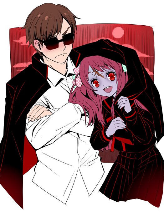 1boy, 1girl, black_serafuku, breasts, brown_hair, embarrassed, forehead_scar, frown