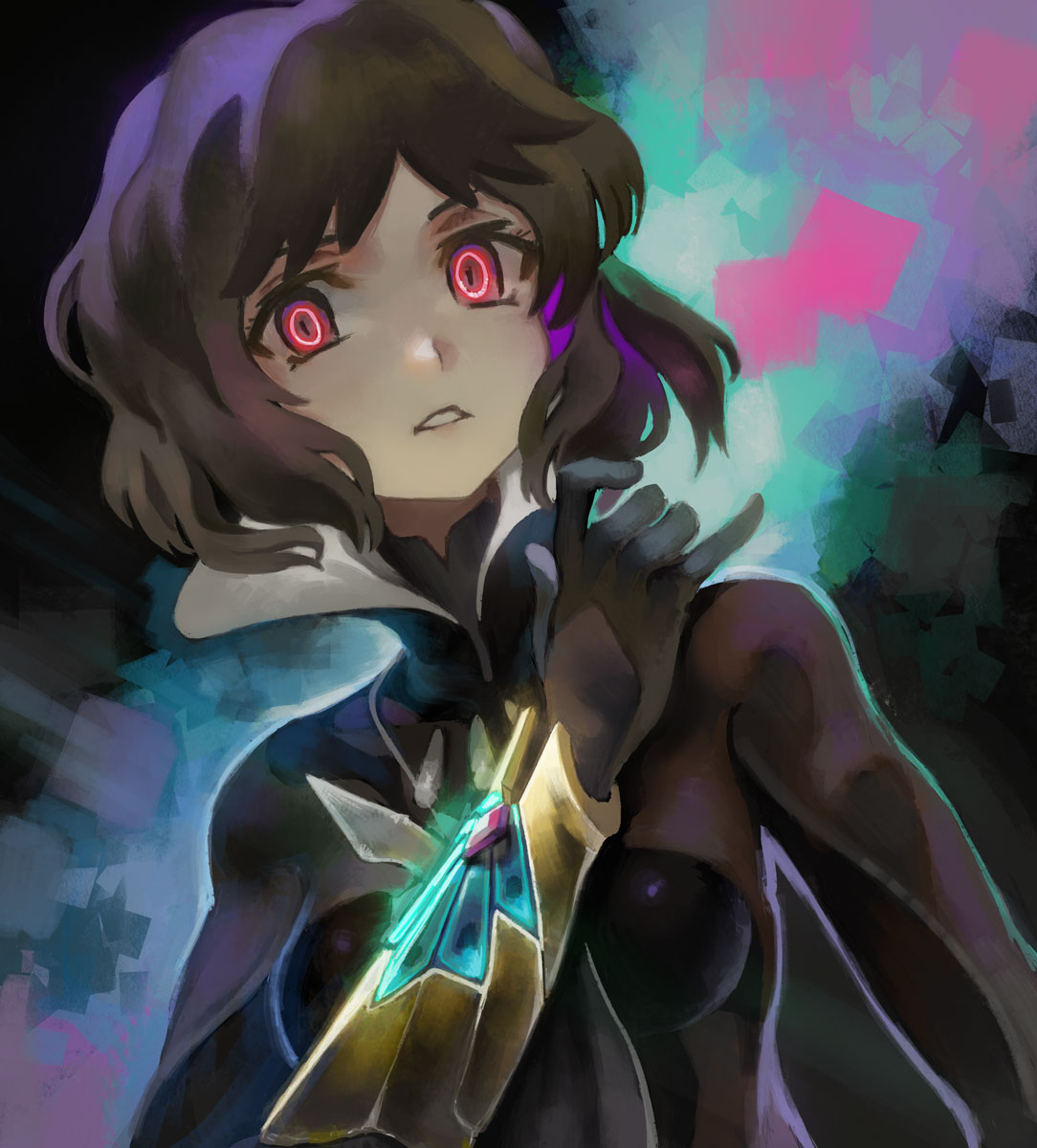 1girl, abstract_background, black_bodysuit, black_hair, bodysuit, dark_background, glowing, glowing_eyes