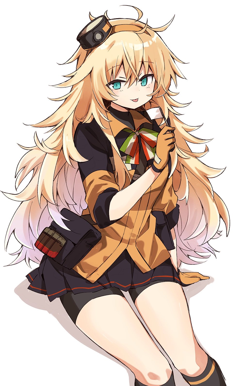 1girl, bike_shorts, black_legwear, black_skirt, blonde_hair, blue_eyes, blush, breasts, cardigan, eyebrows_visible_through_hair, flag, girls_frontline, gloves, highres, holding, holding_flag, italian_flag_neckwear, kneehighs, long_hair, messy_hair, mini_flag, murakami_meishi, orange_cardigan, orange_gloves, pleated_skirt, pouch, s.a.t.8_(girls_frontline), shorts, shorts_under_skirt, simple_background, sitting, skirt, solo, tongue, tongue_out, white_background, white_flag