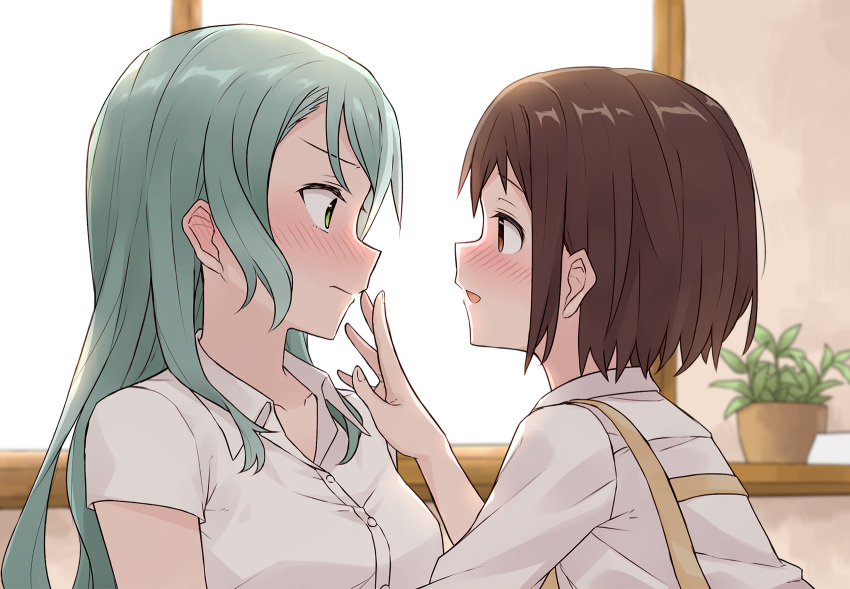 2girls, :d, aqua_hair, bang_dream!, bangs, blush, brown_eyes, brown_hair
