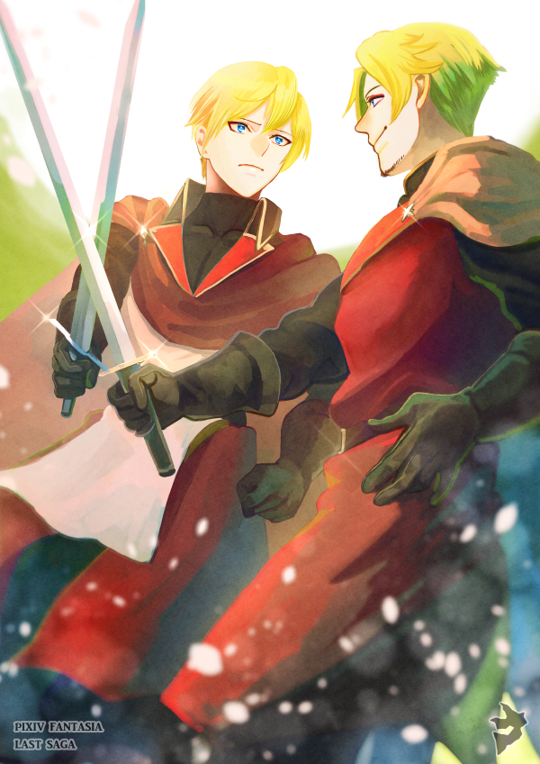 2boys, belt, black_gloves, blonde_hair, blue_eyes, blurry_foreground, brown_cape, cape