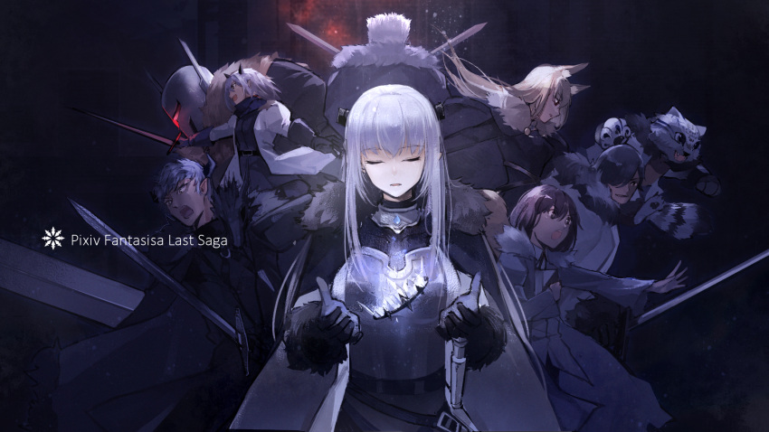 1other, 3girls, 5boys, :d, :o, aiden_the_holy_sword, animal_ears, black_gloves, black_hair, black_horns, blonde_hair, blue_eyes, cloak, closed_eyes, copyright_name, crown, crown_removed, dark_background, dual_wielding, facing_away, facing_viewer, fur_trim, gloves, glowing, glowing_eyes, hair_over_one_eye, helmet, hervarar, highres, holding, holding_sword, holding_weapon, horned_helmet, leon_the_southern_conquest_general, long_sleeves, manul_the_knight_of_the_fist, multiple_boys, multiple_girls, odasakunosuke, open_mouth, oscar_the_frozen_sea_admiral, pixiv_fantasia, pixiv_fantasia_last_saga, pointy_ears, quintica_chief_of_the_polar_night, short_hair, shouting, silver_hair, smile, standing, sword, weapon, white_hair, yuki_the_empress'_aide, zera_the_hornless_empress