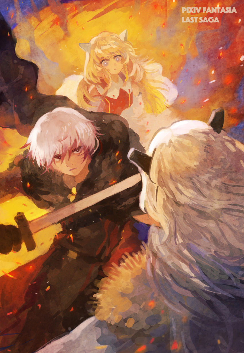1boy, 2girls, absurdres, black_cape, black_gloves, black_horns, blonde_hair, blue_eyes