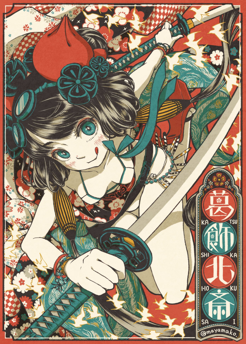 1girl, :d, bangs, bikini, bird, black_hair, blue_eyes, blush, bracelet, breasts, character_name, dual_wielding, fate/grand_order, fate_(series), floral_print, flower, goggles, goggles_on_head, hair_flower, hair_ornament, highres, holding, holding_sword, holding_weapon, jewelry, katana, katsushika_hokusai_(fate/grand_order), katsushika_hokusai_(swimsuit_saber)_(fate), makora_higa, multiple_swords, open_mouth, red_background, short_hair, smile, solo, swimsuit, sword, tongue, twitter_username, weapon, white_bikini