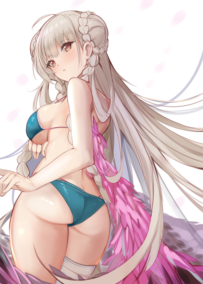 1girl, ahoge, alternate_costume, arm_under_breasts, ass, azur_lane, b_b_b_b66, bangs, bare_shoulders, bikini, blue_bikini, blush, braid, braided_bun, breasts, butt_crack, cowboy_shot, double_bun, eyebrows_visible_through_hair, feather_boa, floating_hair, formidable_(azur_lane), formidable_(the_lady_of_the_beach)_(azur_lane), from_behind, hair_between_eyes, highres, huge_filesize, large_breasts, legs_together, long_hair, looking_back, multi-strapped_bikini, parted_lips, shiny, shiny_hair, shiny_skin, silver_hair, simple_background, single_thighhigh, solo, standing, strap_gap, swimsuit, thick_thighs, thigh-highs, thighs, twin_braids, under_boob, very_long_hair, white_background, white_legwear