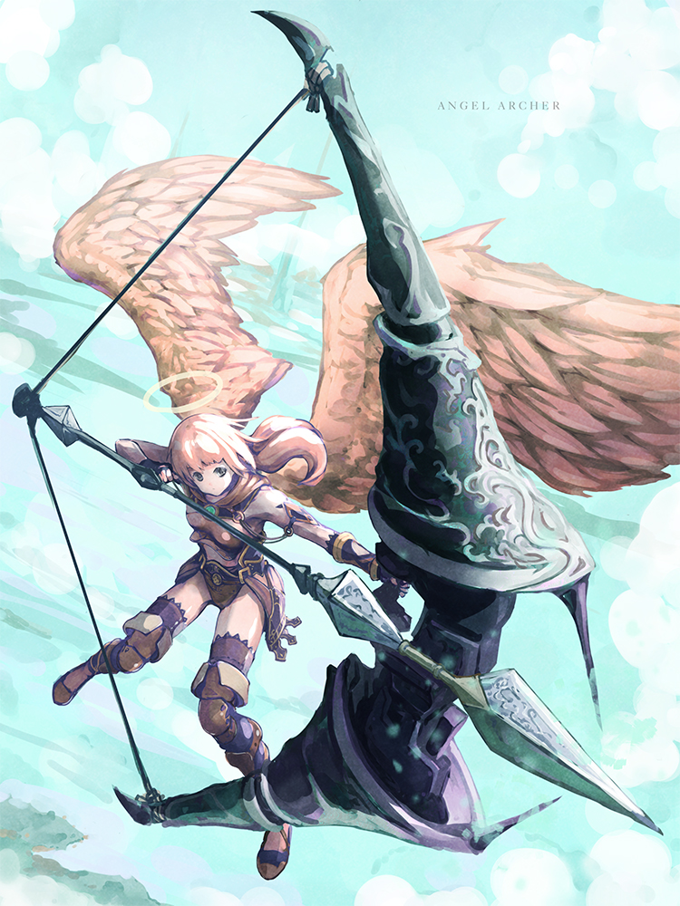1girl, angel, armor, arrow, boots, bow_(weapon), bracer, brown_footwear
