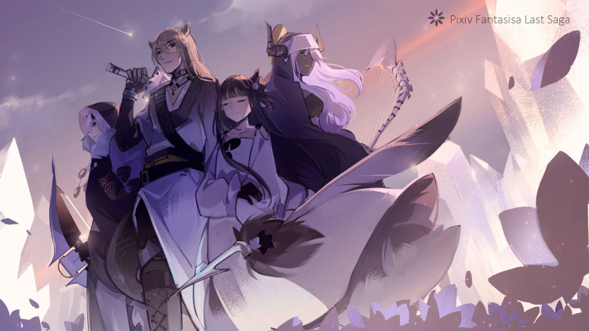 2boys, 2girls, :d, bangs, black_hair, black_horns, blunt_bangs, boots