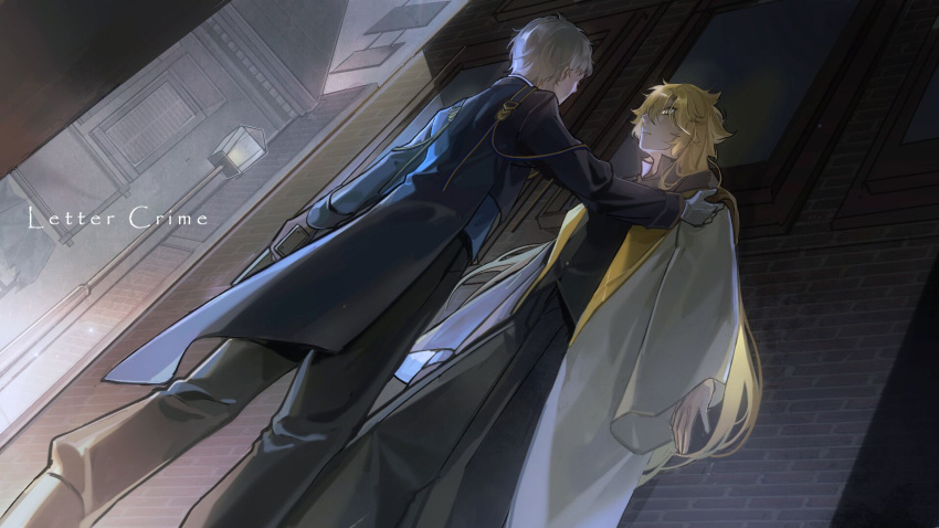 2boys, black_pants, blonde_hair, brick_wall, building, dutch_angle, english_text, eye_contact