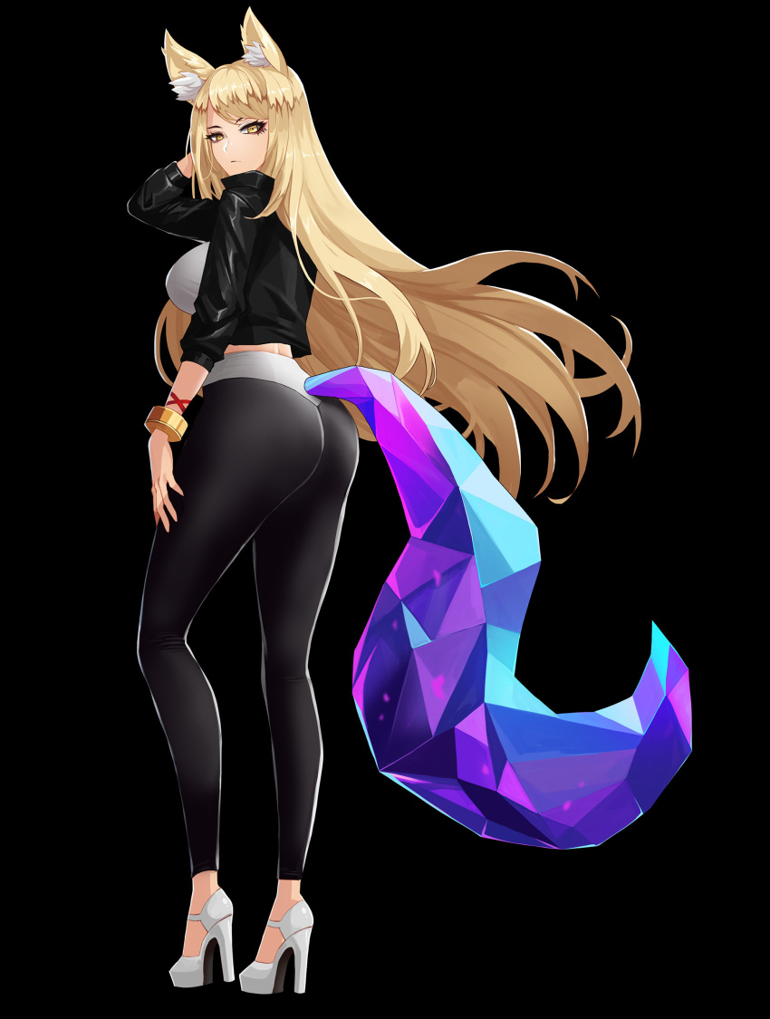 1girl, absurdres, ahri, alternate_costume, alternate_hair_color, animal_ears, ass, black_legwear, blonde_hair, breasts, drogod, fox_ears, fox_tail, full_body, high_heels, highres, jacket, k/da_(league_of_legends), k/da_ahri, large_breasts, league_of_legends, leather, leather_jacket, leggings, long_hair, long_sleeves, looking_at_viewer, open_clothes, open_jacket, short_shorts, shorts, solo, tail, yellow_eyes