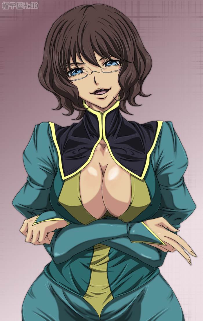 blue_eyes, breast_hold, breasts, brown_hair, cleavage, curvy, erect_nipples, glasses