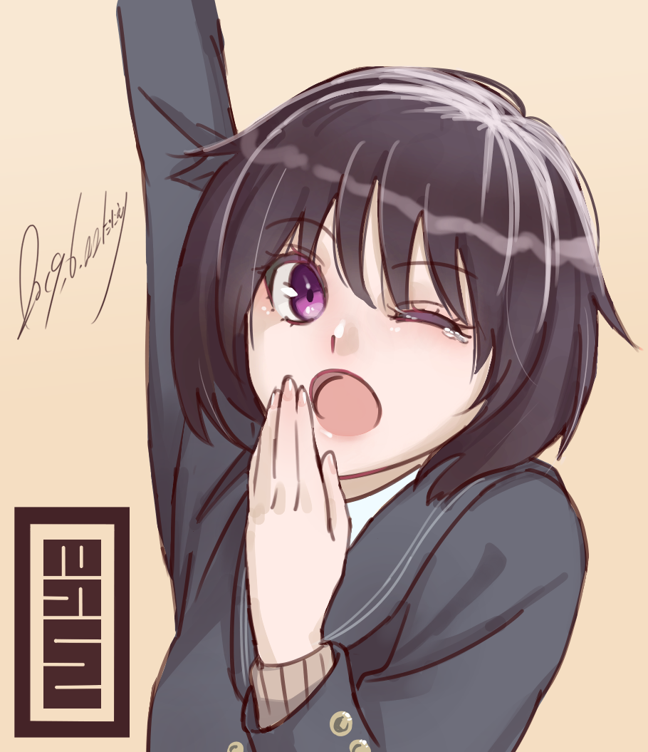 1girl, amagami, arm_up, black_hair, blazer, character_name, danieri, jacket