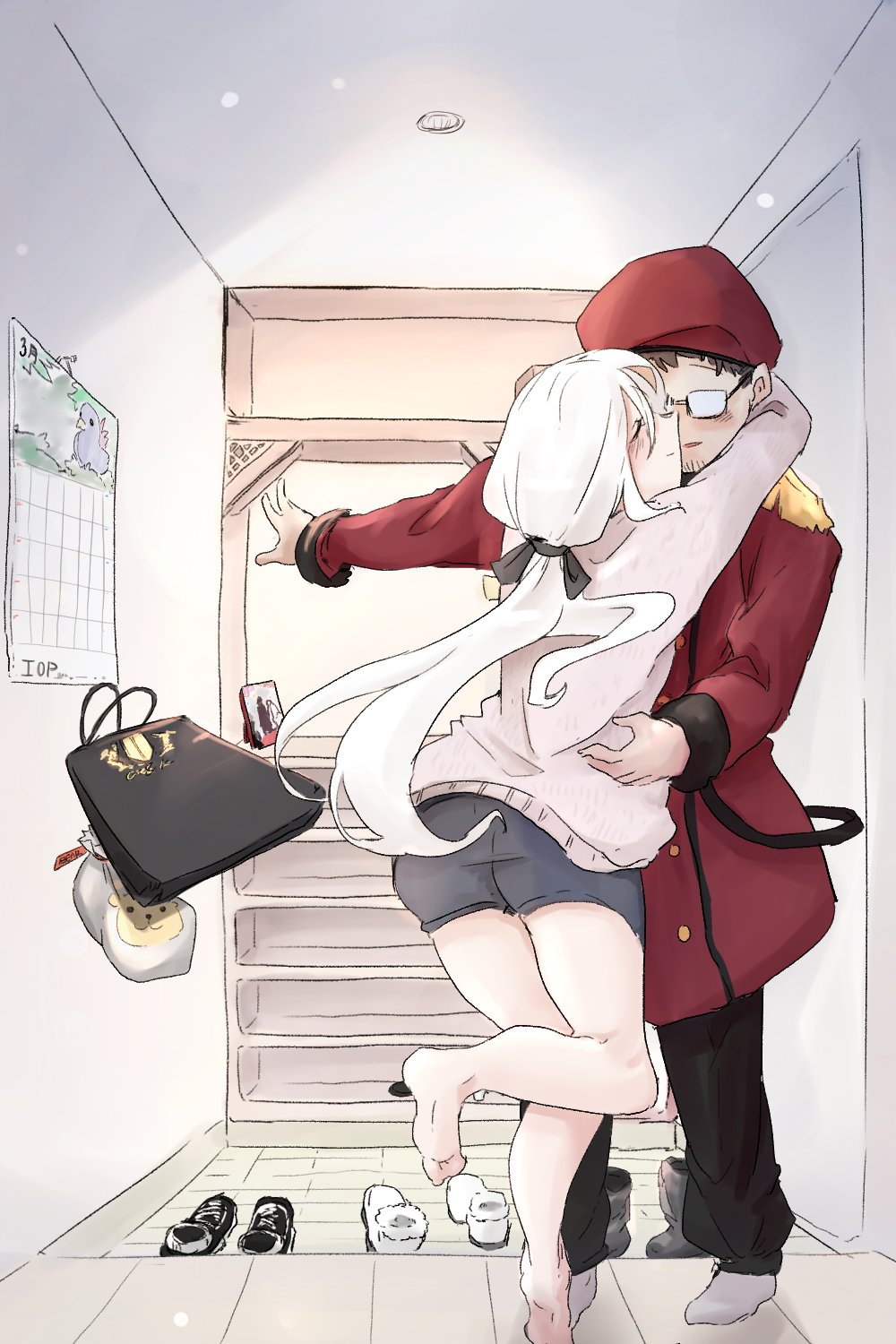 1boy, 1girl, 2poet, 9a-91_(girls_frontline), bag, barefoot, beret, blush