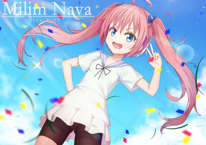 1girl, ahoge, arm_up, ass_visible_through_thighs, bike_shorts, black_shorts, blue_eyes, character_name