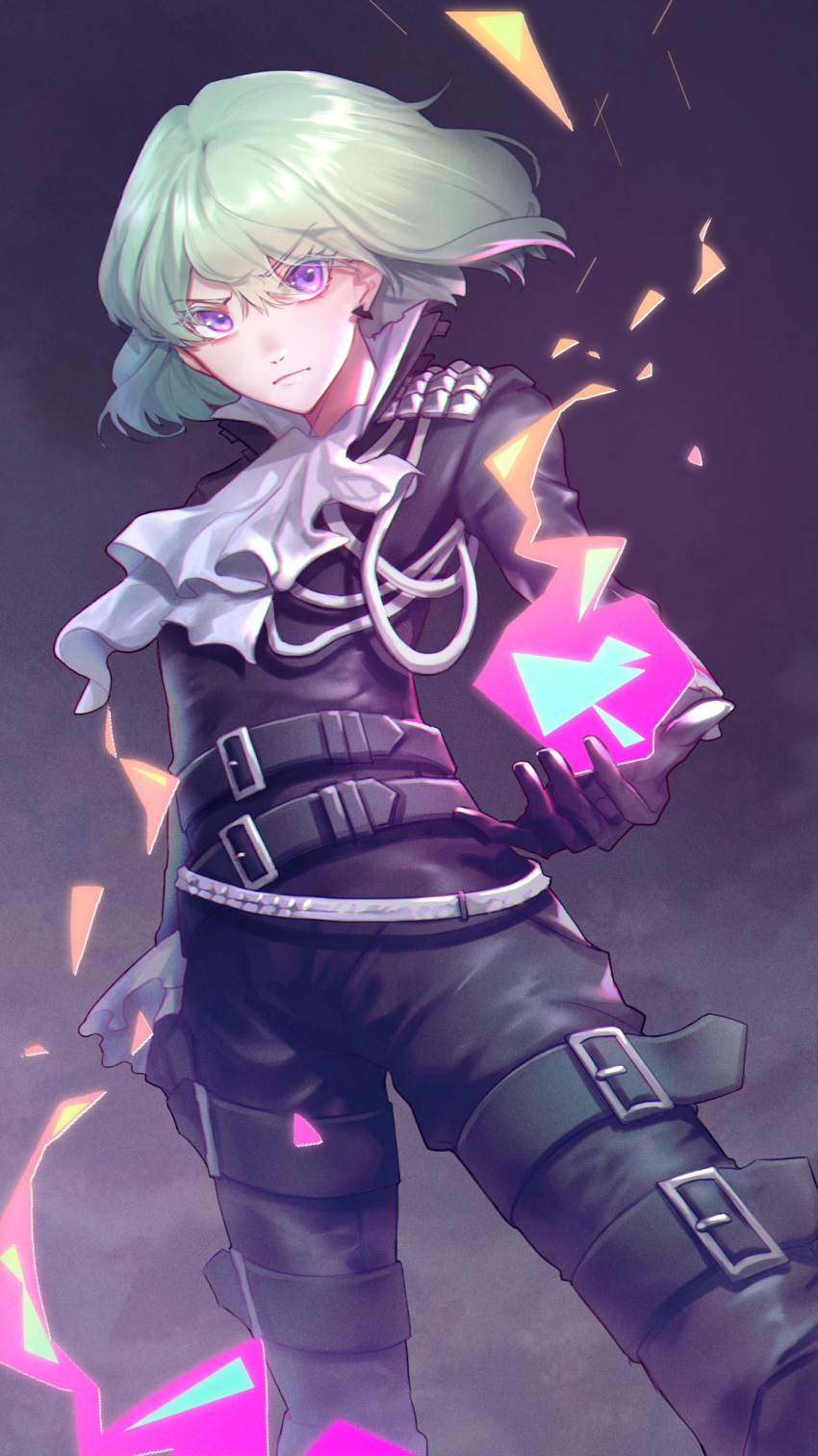 1boy, belt, black_gloves, black_jacket, blonde_hair, cravat, earrings, fire