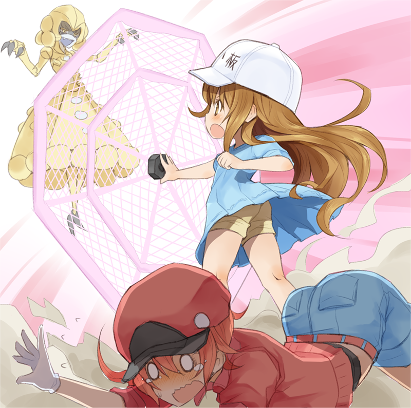 0_0, 3girls, arashiya, ass, baseball_cap, belt, blonde_hair, blue_dress, brown_eyes, brown_hair, brown_shorts, claws, clenched_hand, commentary, denim, denim_shorts, dress, fallen_down, fang, force_field, gloves, hat, hataraku_saibou, jacket, kneepits, long_hair, monster_girl, multiple_girls, open_mouth, outstretched_arm, platelet_(hataraku_saibou), red_blood_cell_(hataraku_saibou), red_headwear, red_jacket, redhead, short_dress, short_hair, short_shorts, shorts, shorts_under_dress, shouting, staphylococcus_aureus_(hataraku_saibou), tears, thighs, top-down_bottom-up, white_gloves, white_headwear, wind, wind_lift, yellow_dress, yellow_eyes
