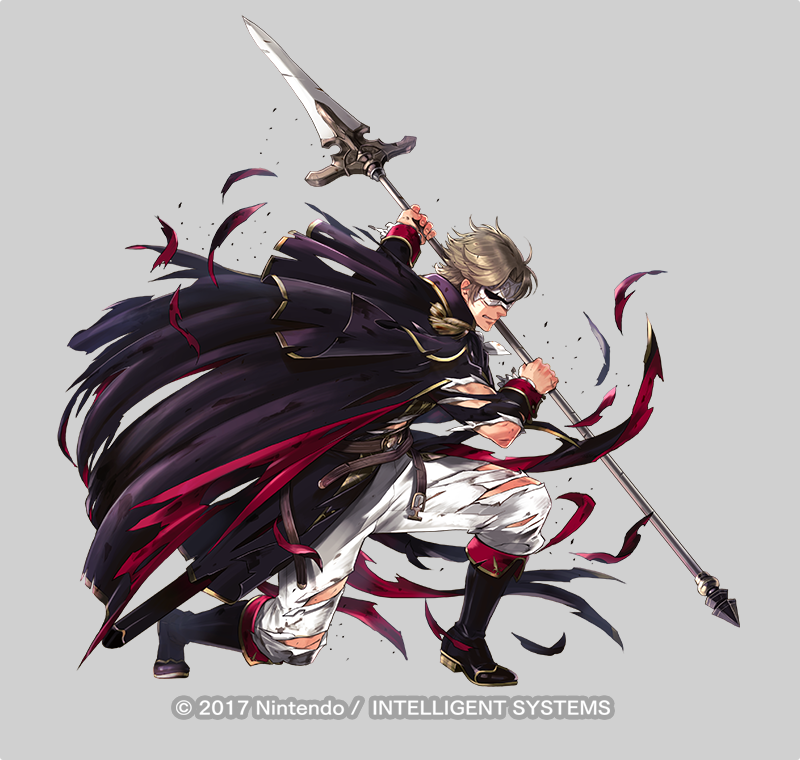 1boy, belt, blonde_hair, boots, camus_(fire_emblem), cape, epaulettes, fire_emblem, fire_emblem:_mystery_of_the_emblem, fire_emblem:_new_mystery_of_the_emblem, fire_emblem_heroes, full_body, grey_background, male_focus, mask, official_art, polearm, solo, spear, sword, teeth, torn_clothes, weapon