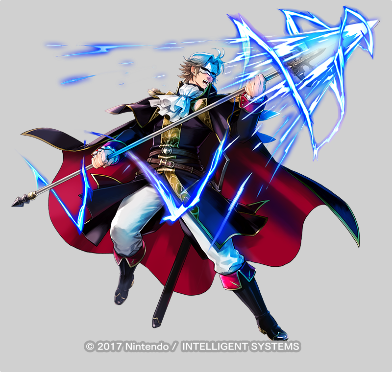 1boy, belt, blonde_hair, boots, camus_(fire_emblem), cape, electricity, epaulettes, fire_emblem, fire_emblem:_mystery_of_the_emblem, fire_emblem:_new_mystery_of_the_emblem, fire_emblem_heroes, full_body, grey_background, male_focus, mask, official_art, open_mouth, polearm, solo, spear, sword, teeth, weapon