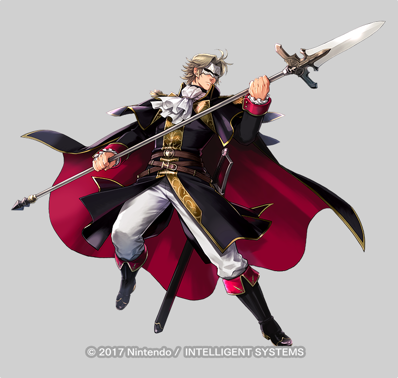 1boy, belt, blonde_hair, boots, camus_(fire_emblem), cape, epaulettes, fire_emblem, fire_emblem:_mystery_of_the_emblem, fire_emblem:_new_mystery_of_the_emblem, fire_emblem_heroes, full_body, grey_background, male_focus, mask, official_art, polearm, solo, spear, sword, weapon