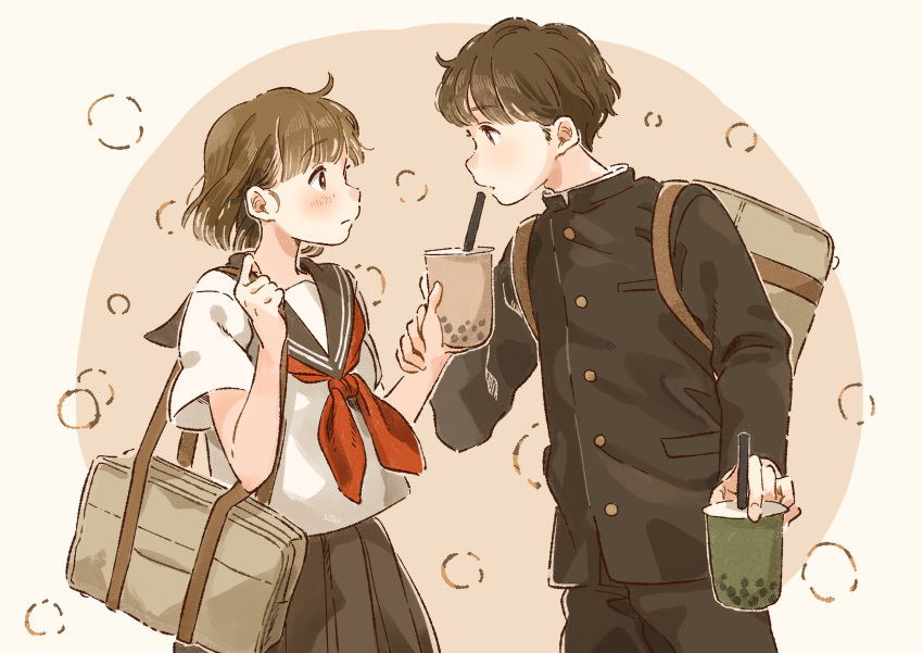 1boy, 1girl, absurdres, ahoge, bag, bangs, black_jacket, black_pants