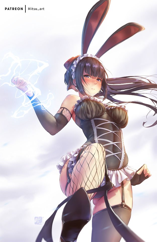 1girl, animal_ears, bangs, black_hair, black_leotard, blunt_bangs, breasts, bunny_girl