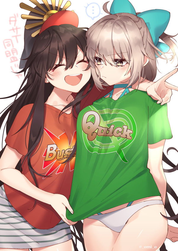 ..., 2girls, aqua_bow, arm_around_shoulder, artist_name, bangs, black_hair, blush