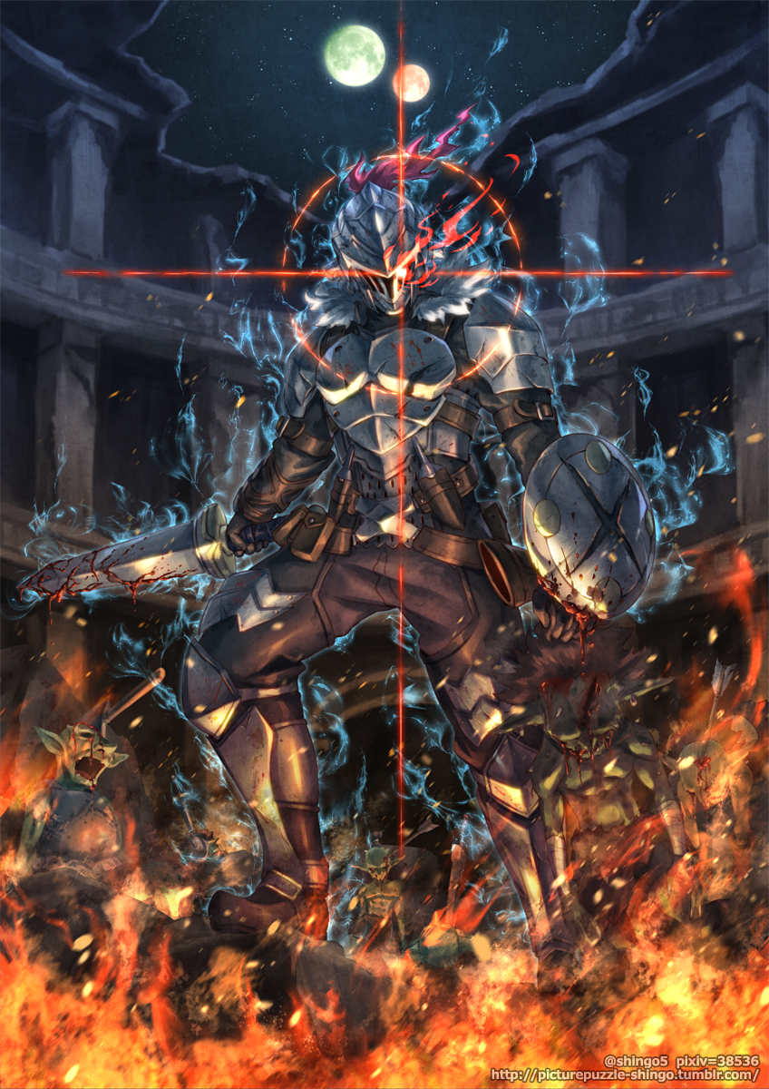 1boy, armor, aura, blood, bloody_weapon, breastplate, commentary_request, death, fire, full_armor, full_moon, fur_collar, glowing, glowing_eye, goblin, goblin_slayer, goblin_slayer!, greaves, helmet, highres, holding, holding_weapon, manly, mausoleum, monster, moon, multiple_moons, night, night_sky, pauldrons, plume, red_eyes, shield, shingo_(picturepuzzle), short_sword, sky, solo_focus, sword, weapon