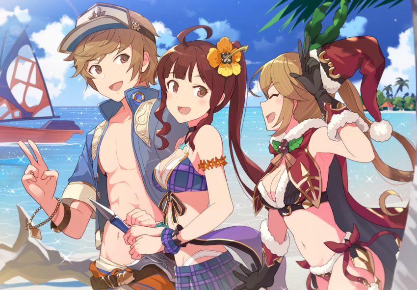 1boy, 2girls, ahoge, beach, bikini, boat, bracelet, breasts