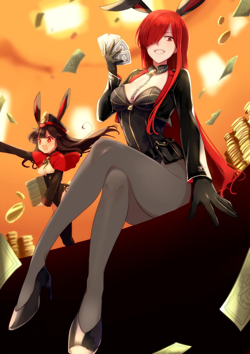 animal_ears, bills, black_gloves, black_hair, breasts, bunnysuit, card, chain, coin, crossed_legs, fate/grand_order, fate_(series), gloves, hair_over_one_eye, hat, highres, kodamari, long_hair, oda_nobunaga_(fate), oda_nobunaga_(maou_avenger)_(fate), pantyhose, rabbit_ears, red_eyes, redhead, zipper