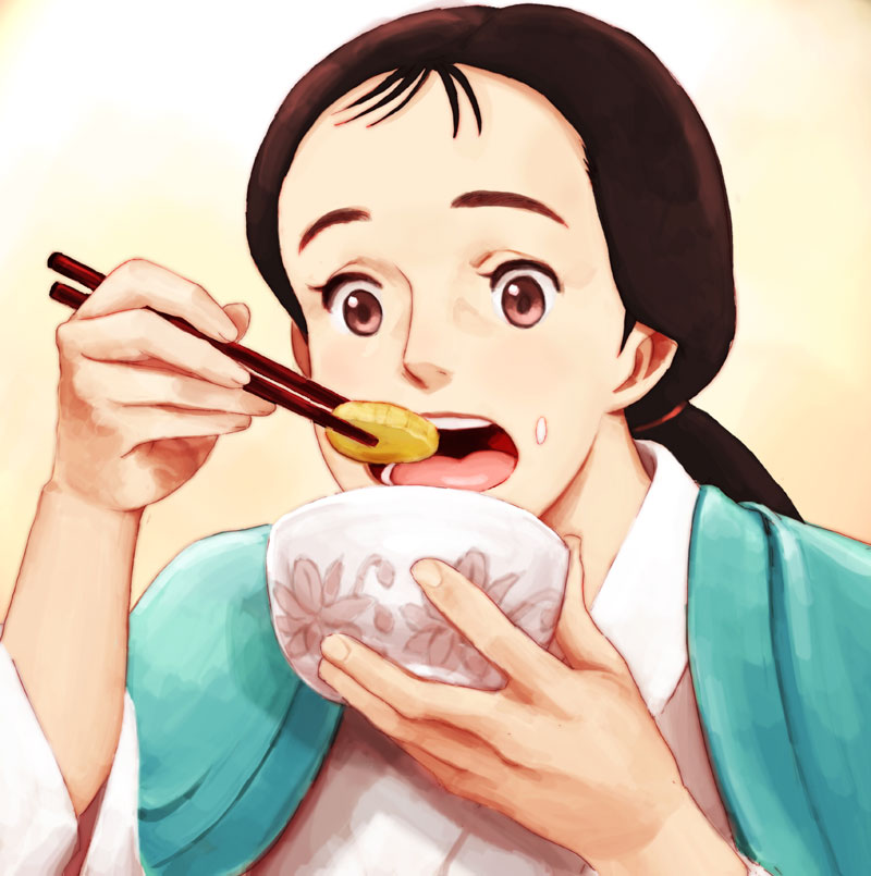 1girl, brown_hair, commentary_request, food, hair_ornament, kusakabe_yasuko, lafolie, long_hair, open_mouth, ponytail, simple_background, solo, studio_ghibli, takuan, tonari_no_totoro